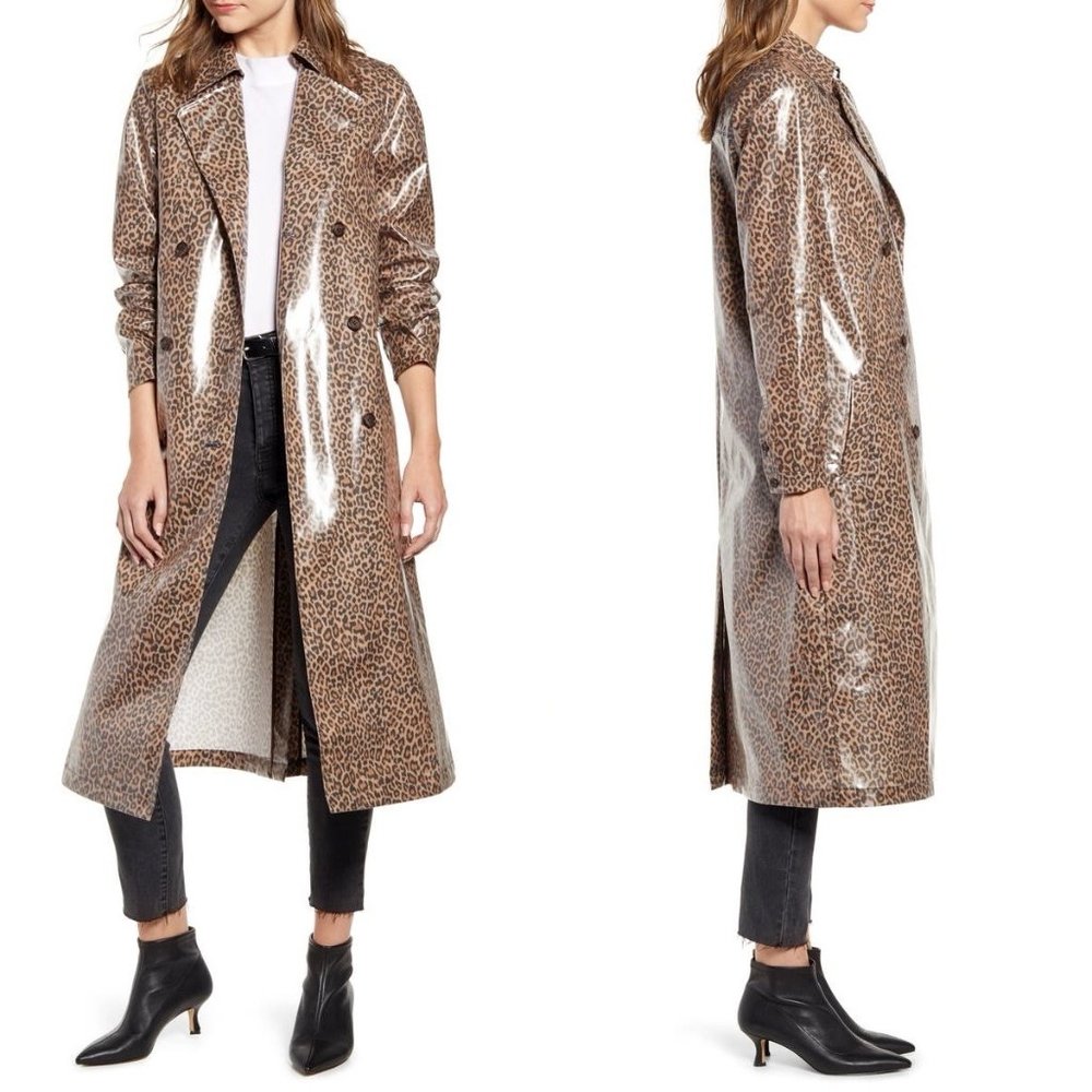 NWT! Something Navy - Leopard / Cheetah Long Vinyl Trench Coat Rain Jacket - XS